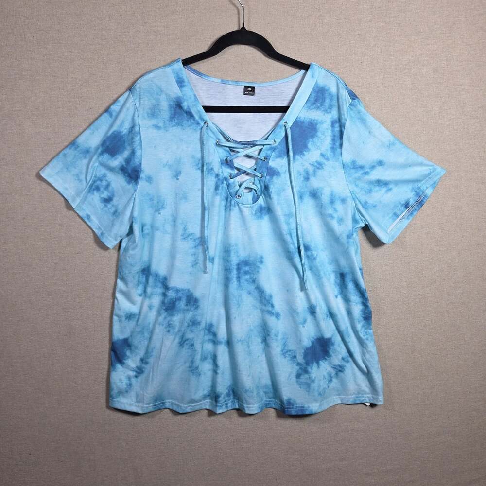 Blue tie-dye short sleeve womens 2X Lace Up neck Heritage Knit Top Whimsical
